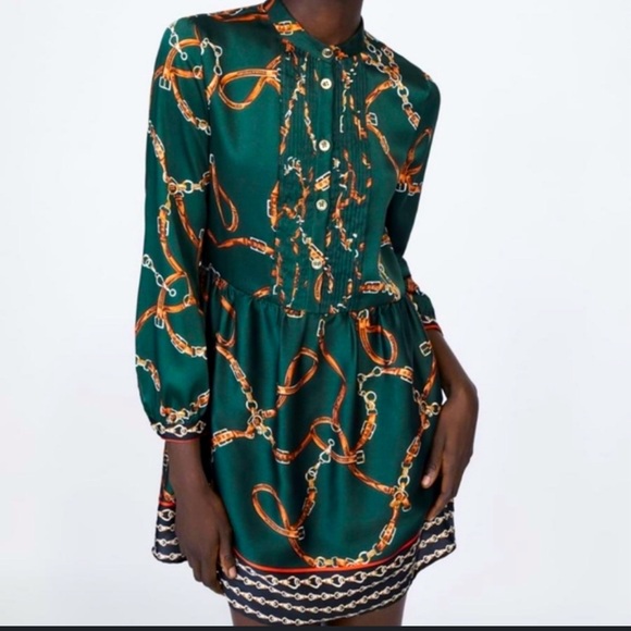 ZARA Emerald chain belt silky dress size XS - Picture 2 of 11